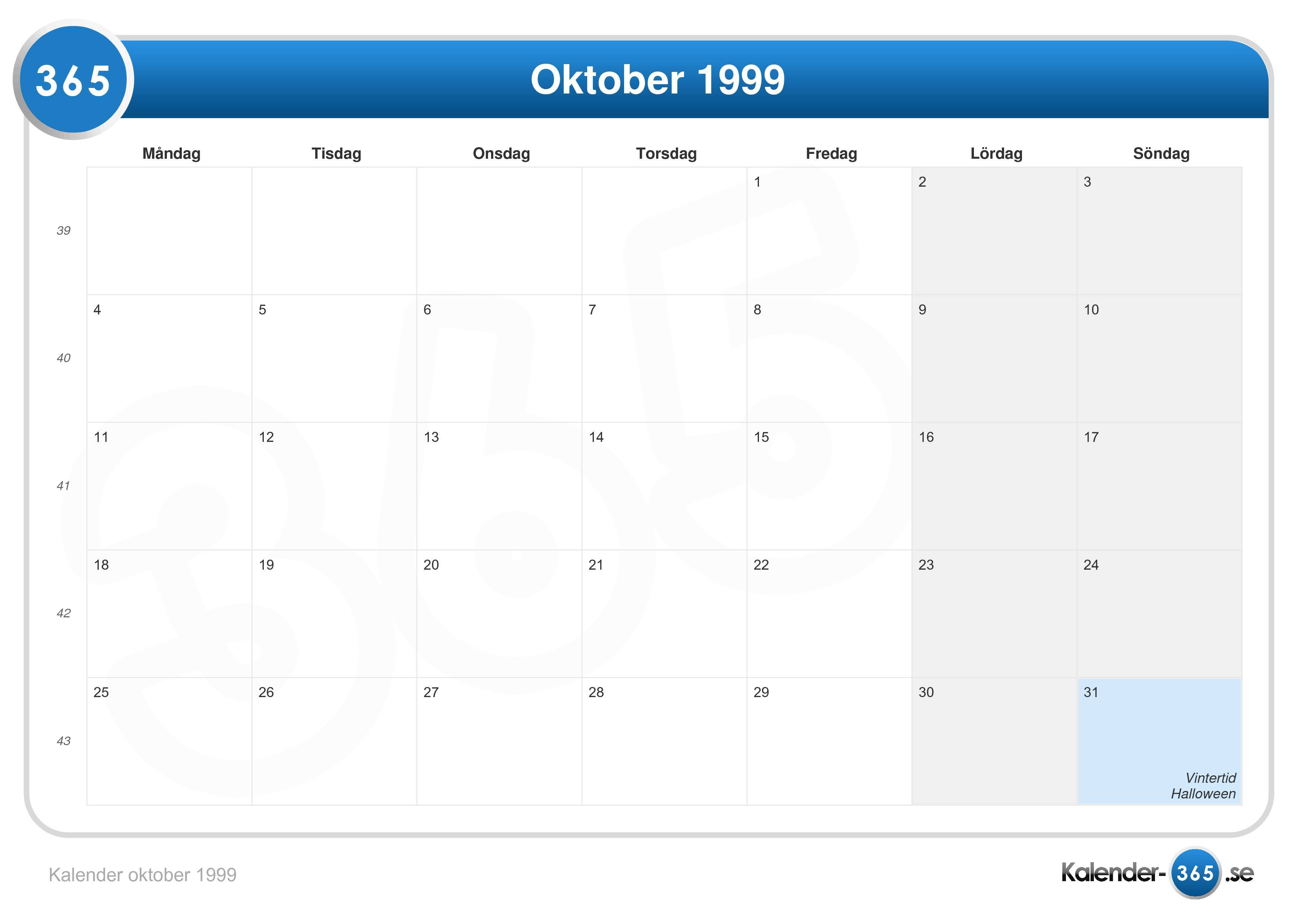  Kalender  oktober  1999